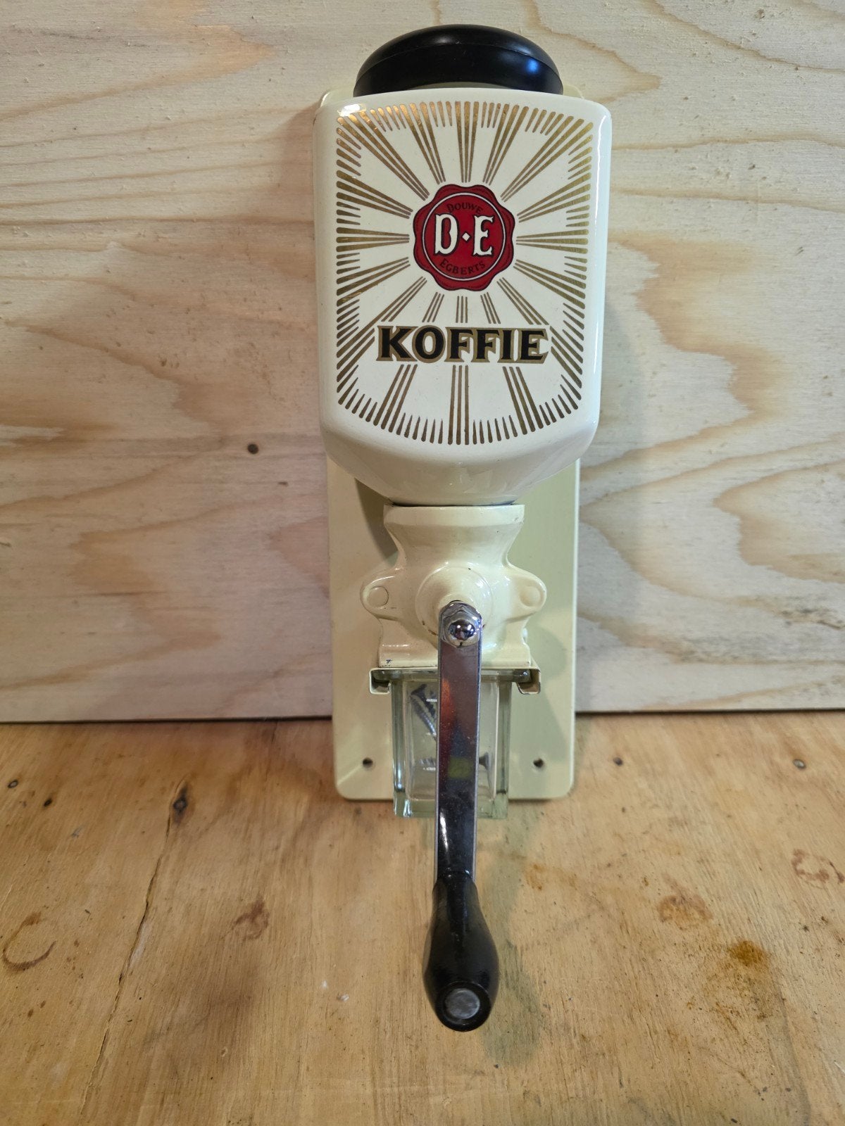 Klassieke brocante vintage Douwe Egberts muurkoffiemolen jar, Ophalen of Verzenden
