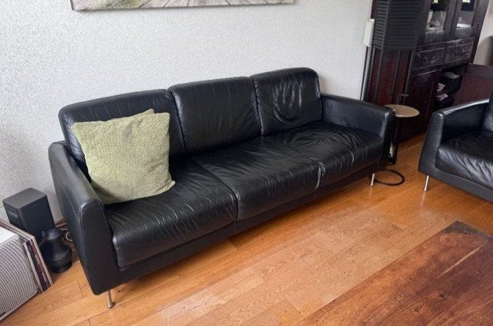 Zwart leren bankstel, Huis en Inrichting, Ophalen, Gebruikt, 75 tot 100 cm