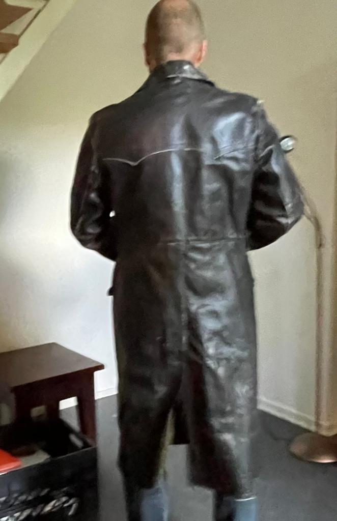 Vintage Leren Heren Jas - Lange Zwarte leren motorjas, Ophalen, Gedragen, Maat 52/54 (L), Zwart