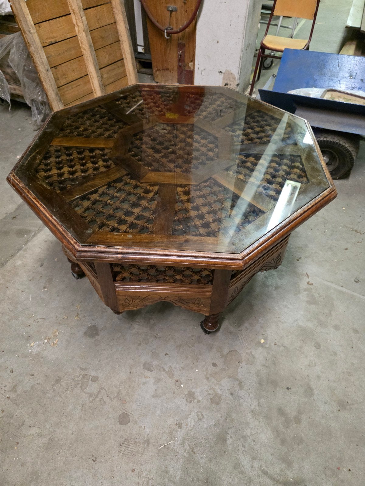 Marokkaanse handgemaakte houten salontafel met glasplaat, Ophalen, Gebruikt, 50 tot 100 cm, Marokkaans, Handgemaakt, Exotisch