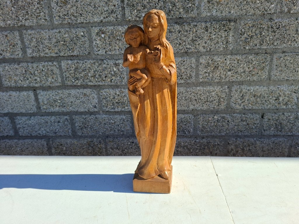 grote handgemaakte houten maria beeld met christus op de arm, Ophalen of Verzenden
