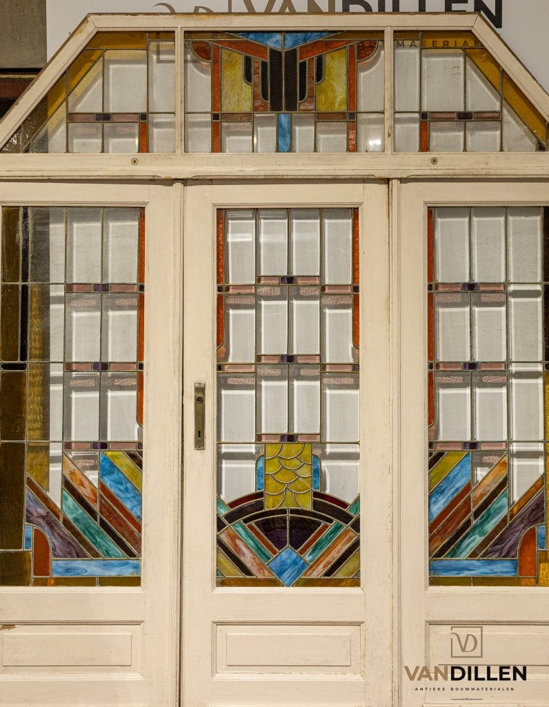 Unieke 7 delige set antieke glas in koper art deco deuren, Doe-het-zelf en Verbouw, Deuren en Horren, Gebruikt, 120 cm of meer