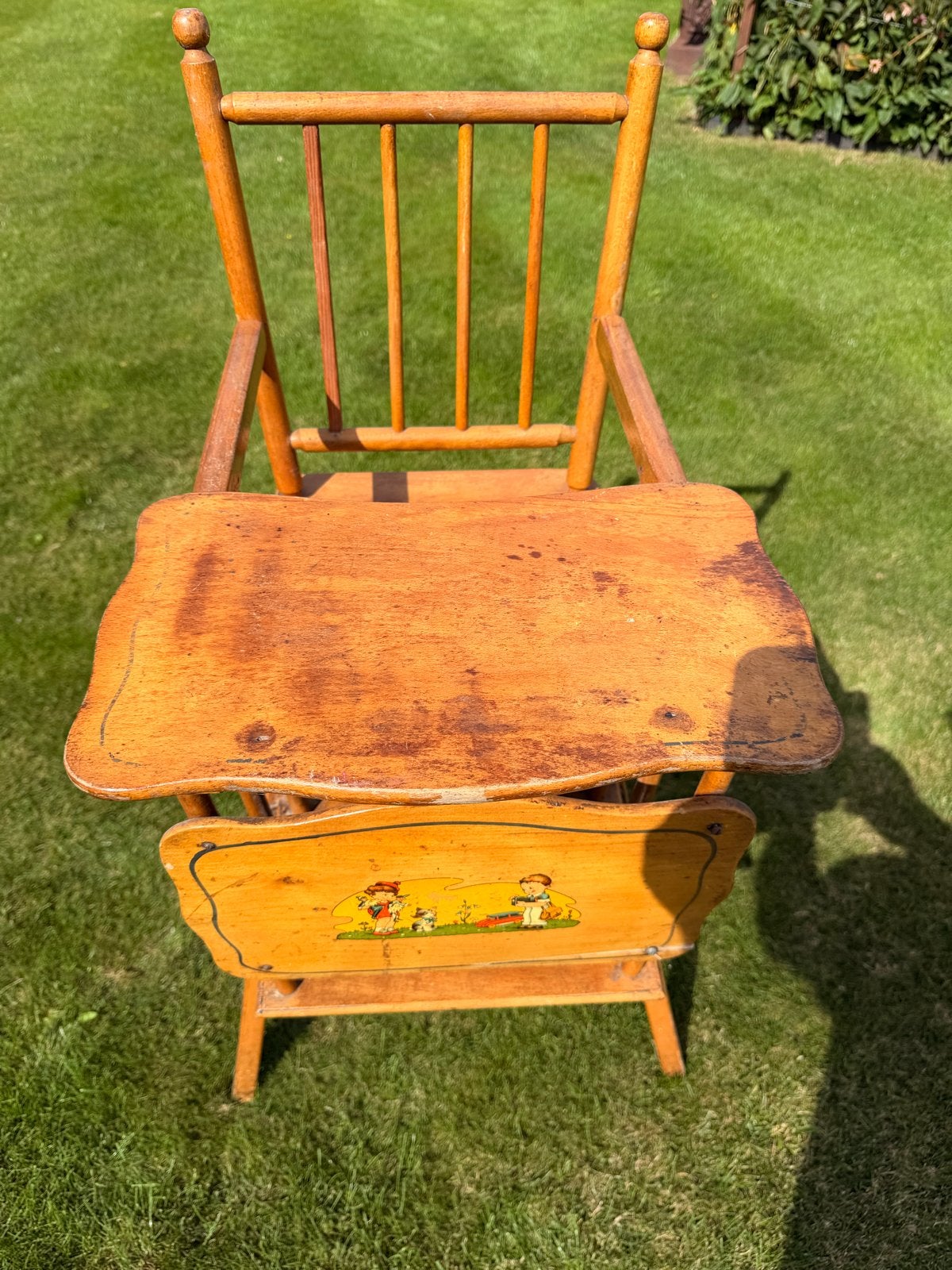 Antiek houten baby- kinderzitje met tafel en wielen, Antiek en Kunst, Ophalen
