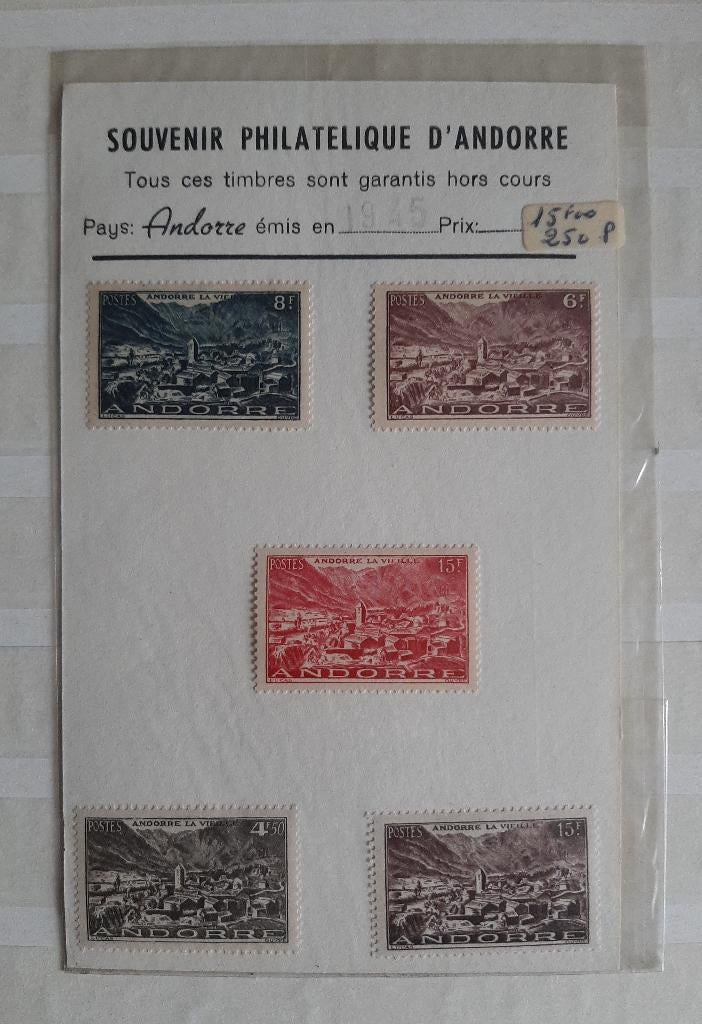 5 Postzegels Andorra La Vieille 1945 op kaartje, Ophalen, Overige landen, Postfris