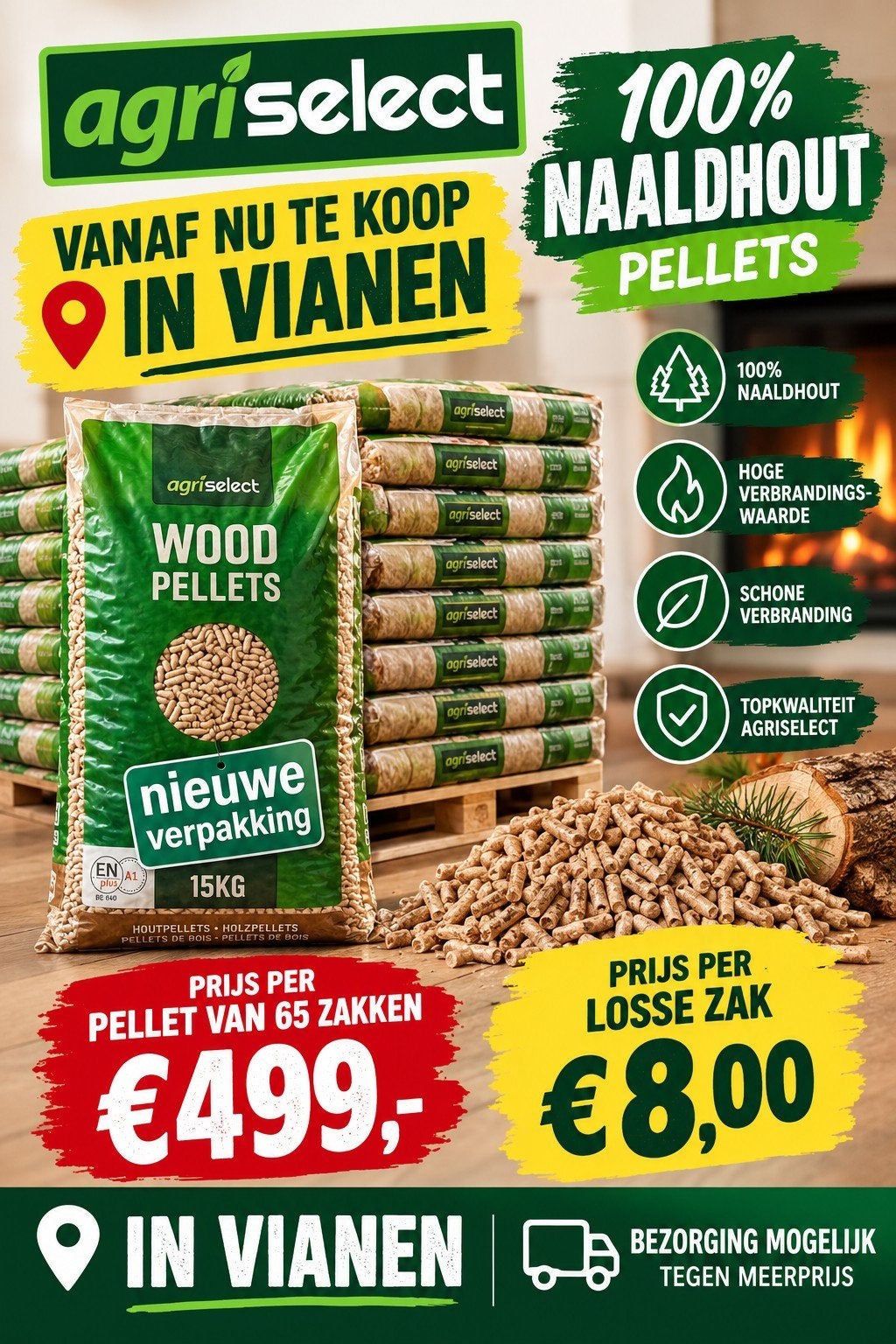 Agriselect Houtpellets 100% Naaldhout - Per zak of pallet, Tuin en Terras, Minder dan 3 m³, Ophalen, Overige houtsoorten