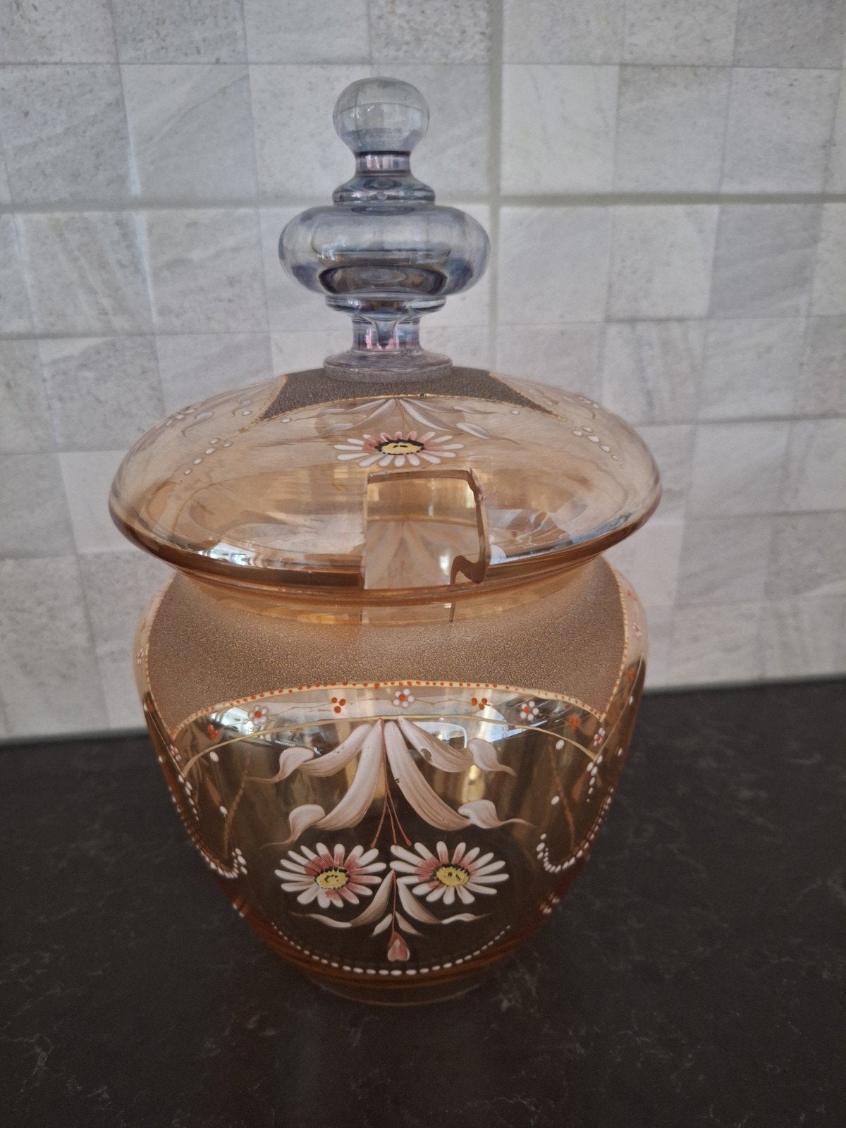 Vintage glazen pot met deksel en bloemmotief, Antiek en Kunst, Ophalen of Verzenden