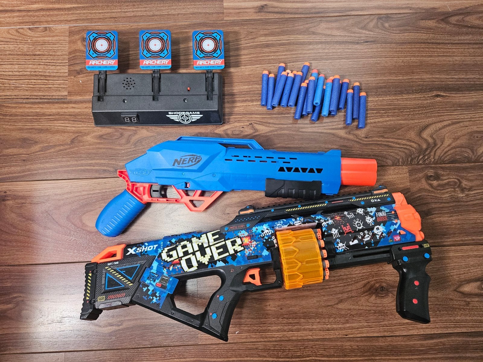 Nerf en X-Shot Blaster Set met Doelen en Darts, Ophalen of Verzenden, Zo goed als nieuw