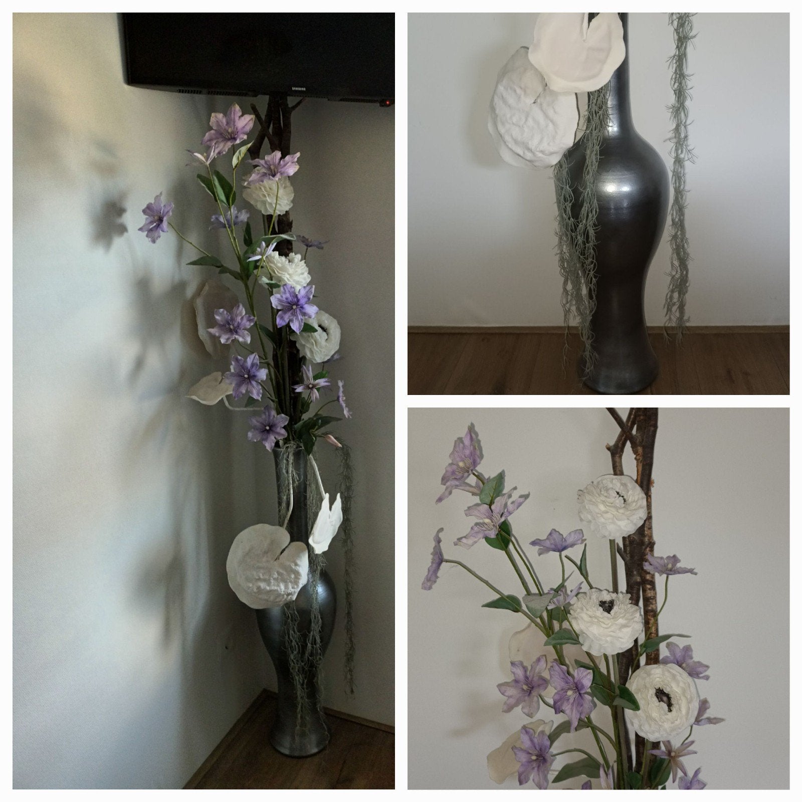 Hoge zilverkleurige vaas met kunstbloemen en takken, Huis en Inrichting, Woonaccessoires | Vazen, Ophalen, Zo goed als nieuw, Metaal