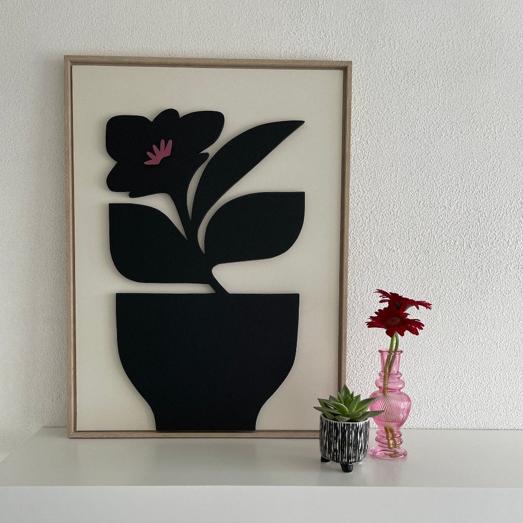 Schilderij van hout in 3D - "Plant in pot" maat: 60 X 45 cm., 50 – 75, Minder dan 50 cm, Oorspronkelijke maker, Nieuw