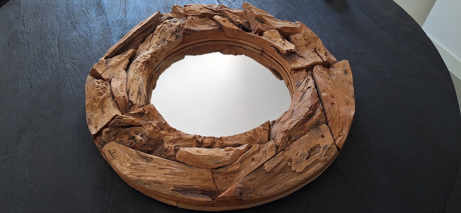 Handgemaakte Teakhouten Spiegel - Rond - 60 cm Doorsnede, Antiek en Kunst, Ophalen, Rond, 50 tot 100 cm, Minder dan 100 cm