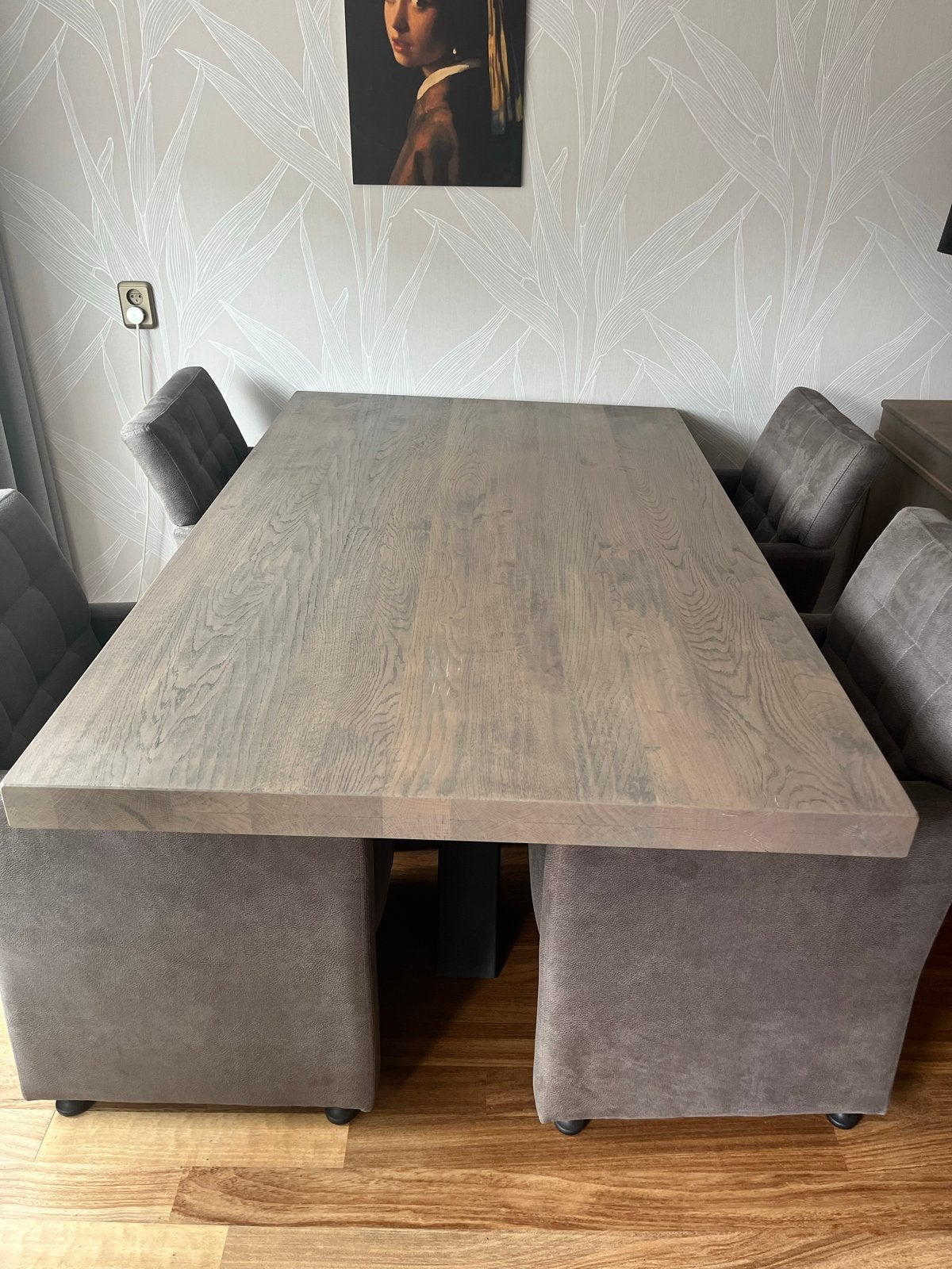 Eikenhouten eettafel met 4 stoelen, Ophalen, 100 tot 150 cm, Eikenhout, Zo goed als nieuw