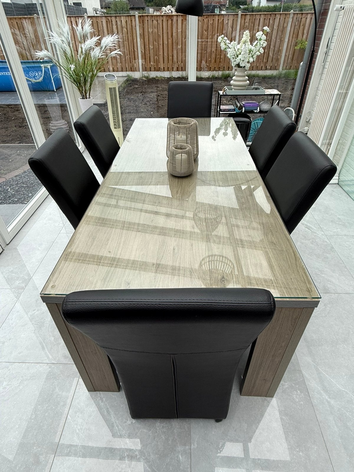 Eettafel met 6 stoelen + TV-meubel – Goede staat, Ophalen, Zo goed als nieuw, Rechthoekig, 50 tot 100 cm