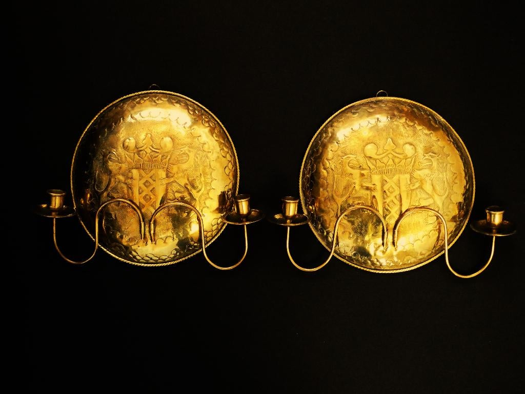 2 Antieke wandkandelaars kandelaar met Wapen van Amsterdam, Antiek en Kunst, Ophalen of Verzenden, Koper of Brons