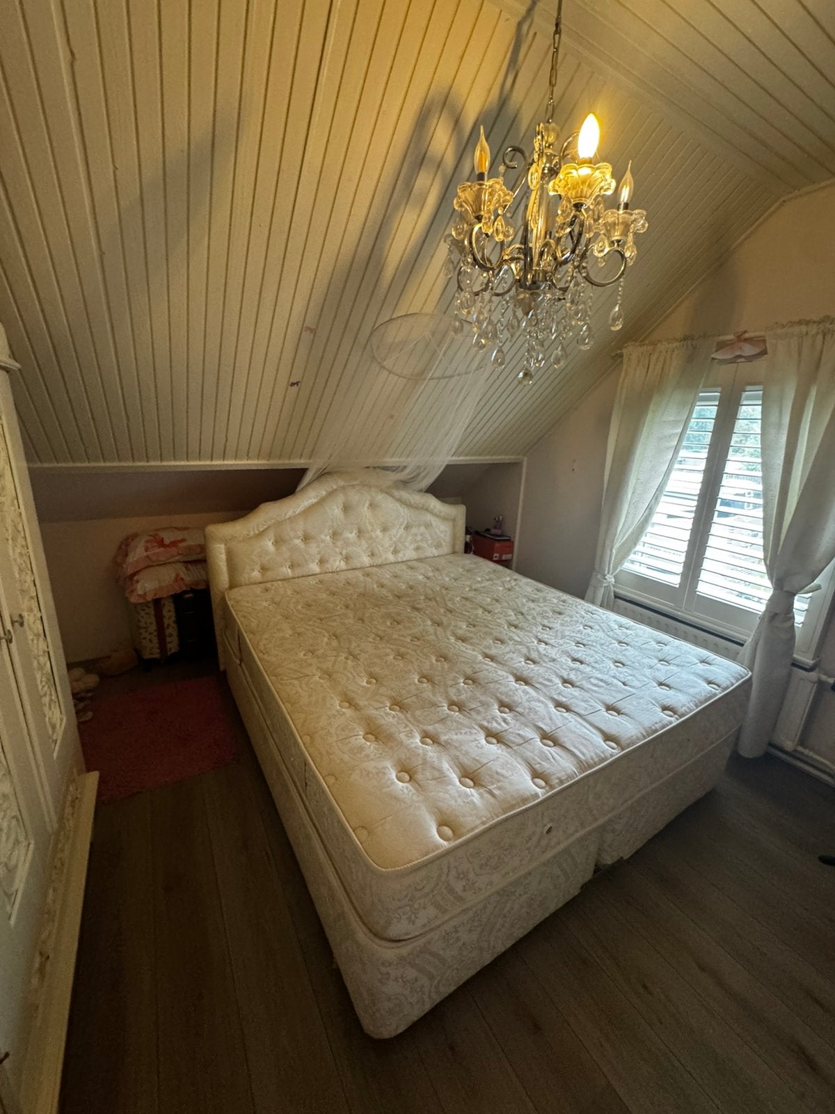 Tweepersoons boxspring met hoofdbord en matras, Ophalen, Gebruikt, Tweepersoons, 180 cm