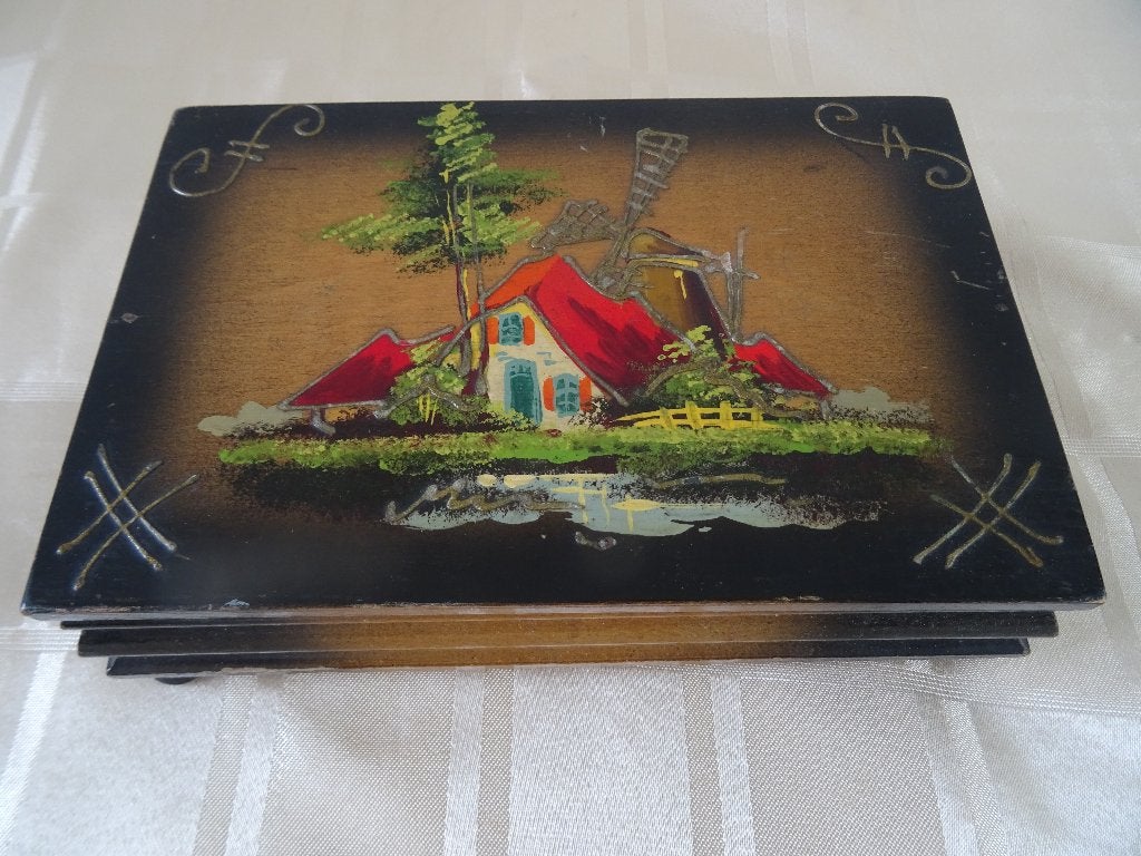 Vintage houten muziekdoos handbeschilderd molen speeldoos, Ophalen of Verzenden, Huis en Inrichting