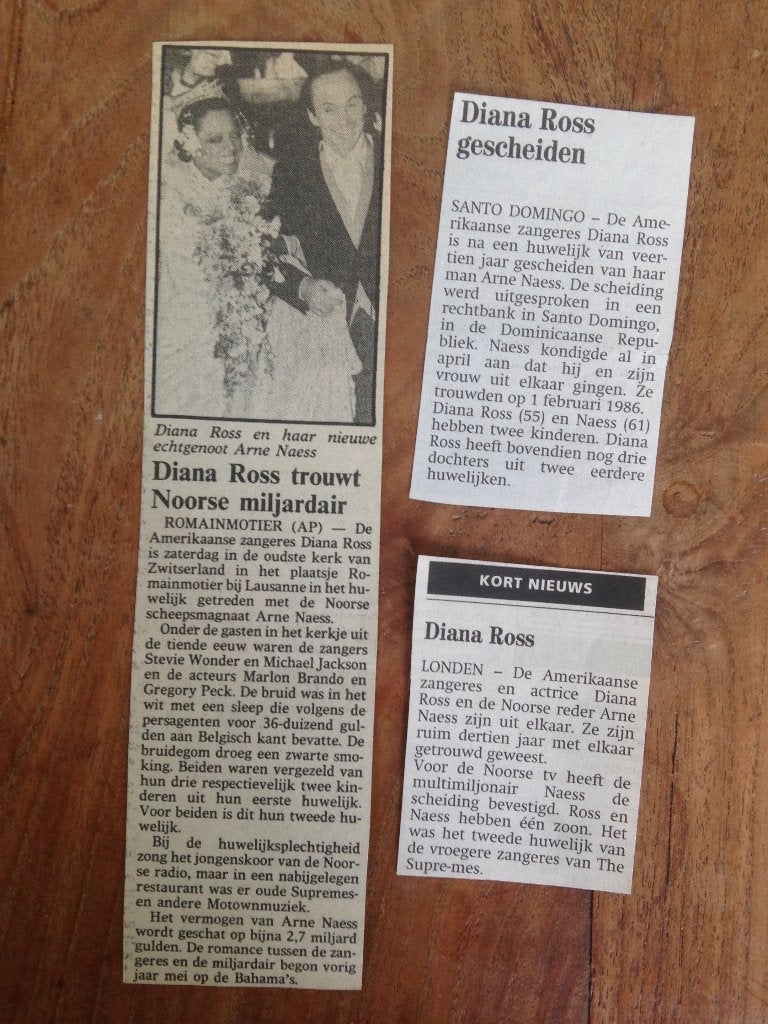 Krantenberichten huwelijk en scheiding Diana Ross, Ophalen of Verzenden, 1980 tot heden, Knipsel(s)