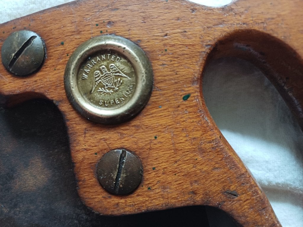 Antieke Handzaag / Paneelzaag "Warranted Superior" Medaillon, Ophalen of Verzenden