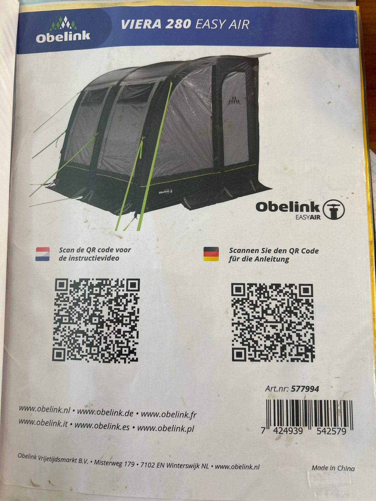 Obelink Viera 280 Easy Air voortent NIEUW, Ophalen, Nieuw