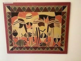 Zuid-Afrikaans kunstwerk wandkunst wanddoek batikdoek, Antiek en Kunst, Kunst | Niet-Westerse kunst, Ophalen, Wanddecoratie, Textiel