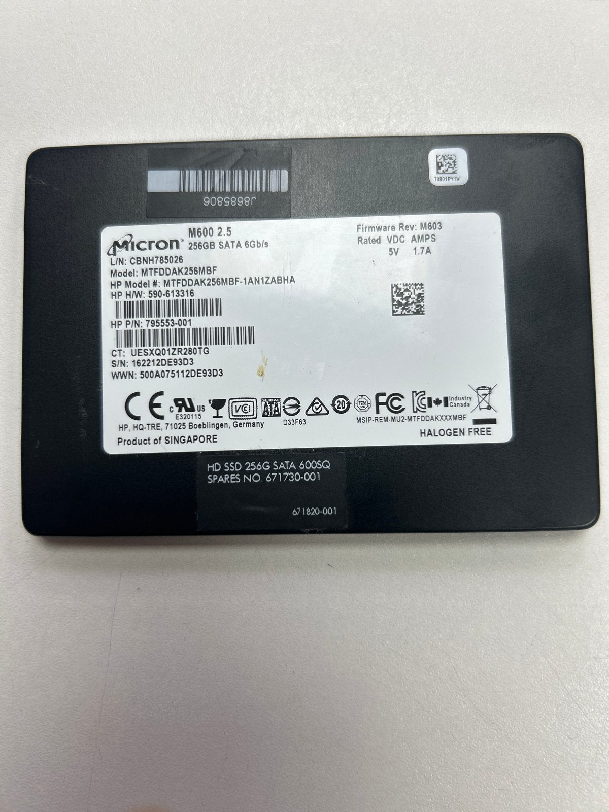 Micron M600 256GB SATA SSD - HP P/N: 795553-001, Computers en Software, Intern, Gebruikt, Server, Ophalen of Verzenden