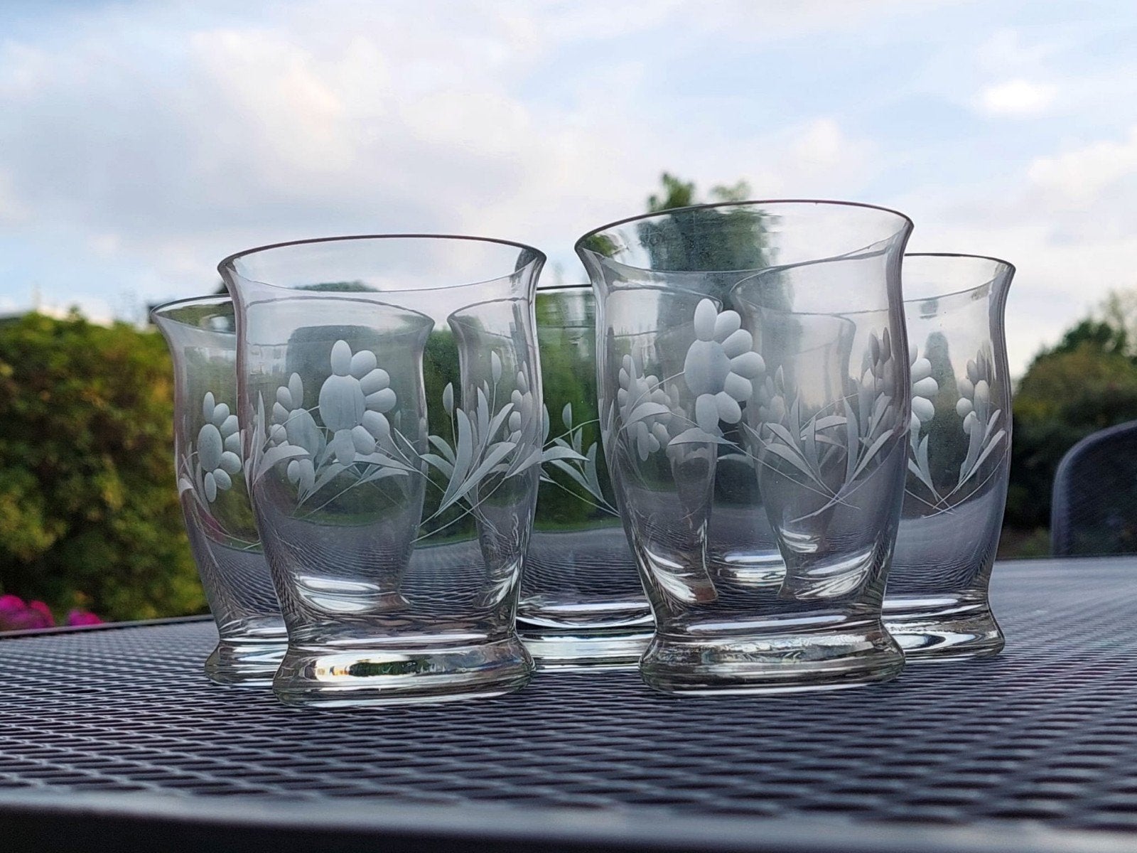 Set vintage glazen met bloemgravure, Ophalen of Verzenden