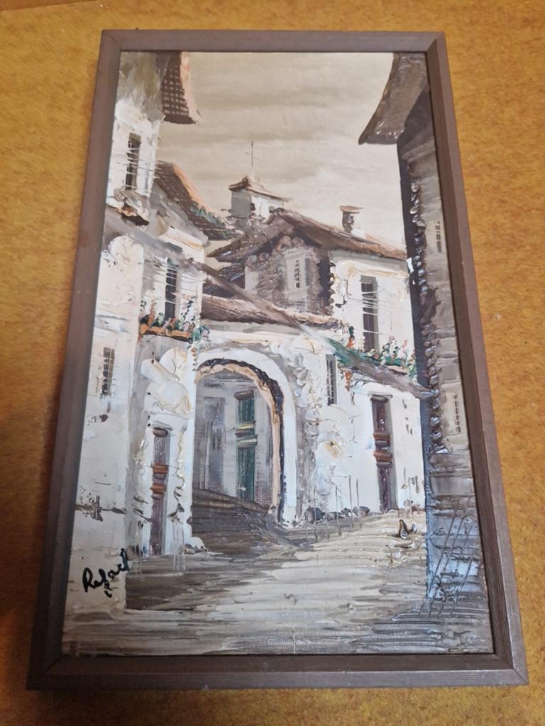 Schilderij gesigneerd Rafael - Italiaans straatbeeld, Antiek en Kunst, Ophalen of Verzenden