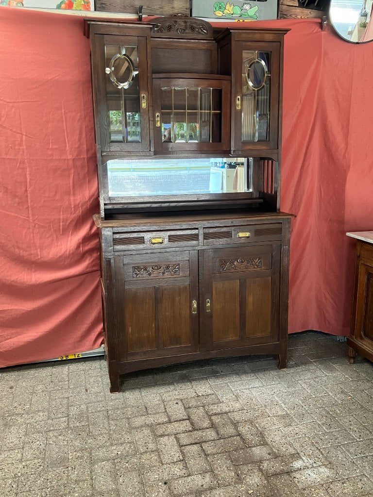 Antieke eiken buffetkast, afm. 125 x 50 x 225 cm m.facetglas, Antiek en Kunst, Antiek | Meubels | Kasten, Ophalen