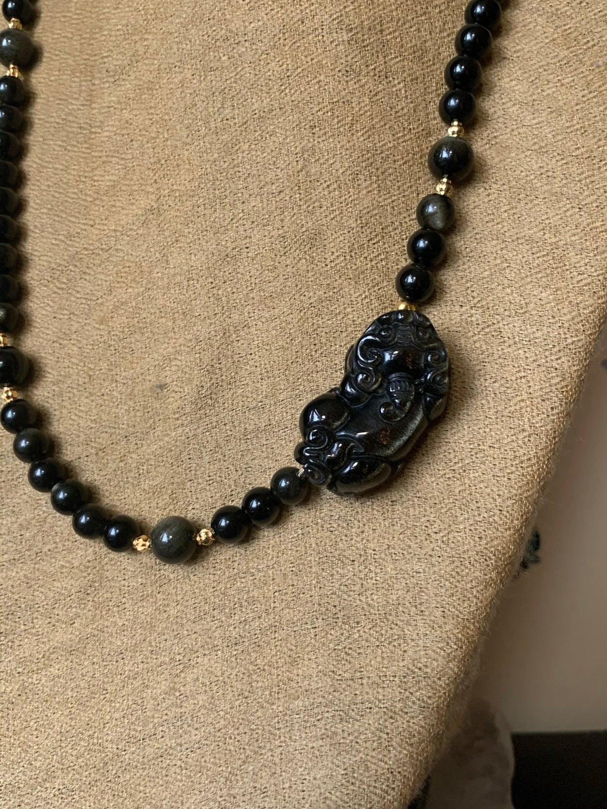 Obsidiaan pixiu amulet beschermt geluk inzicht moed uniek, Sieraden, Tassen en Uiterlijk, Kettingen, Zwart, Nieuw, Ophalen of Verzenden