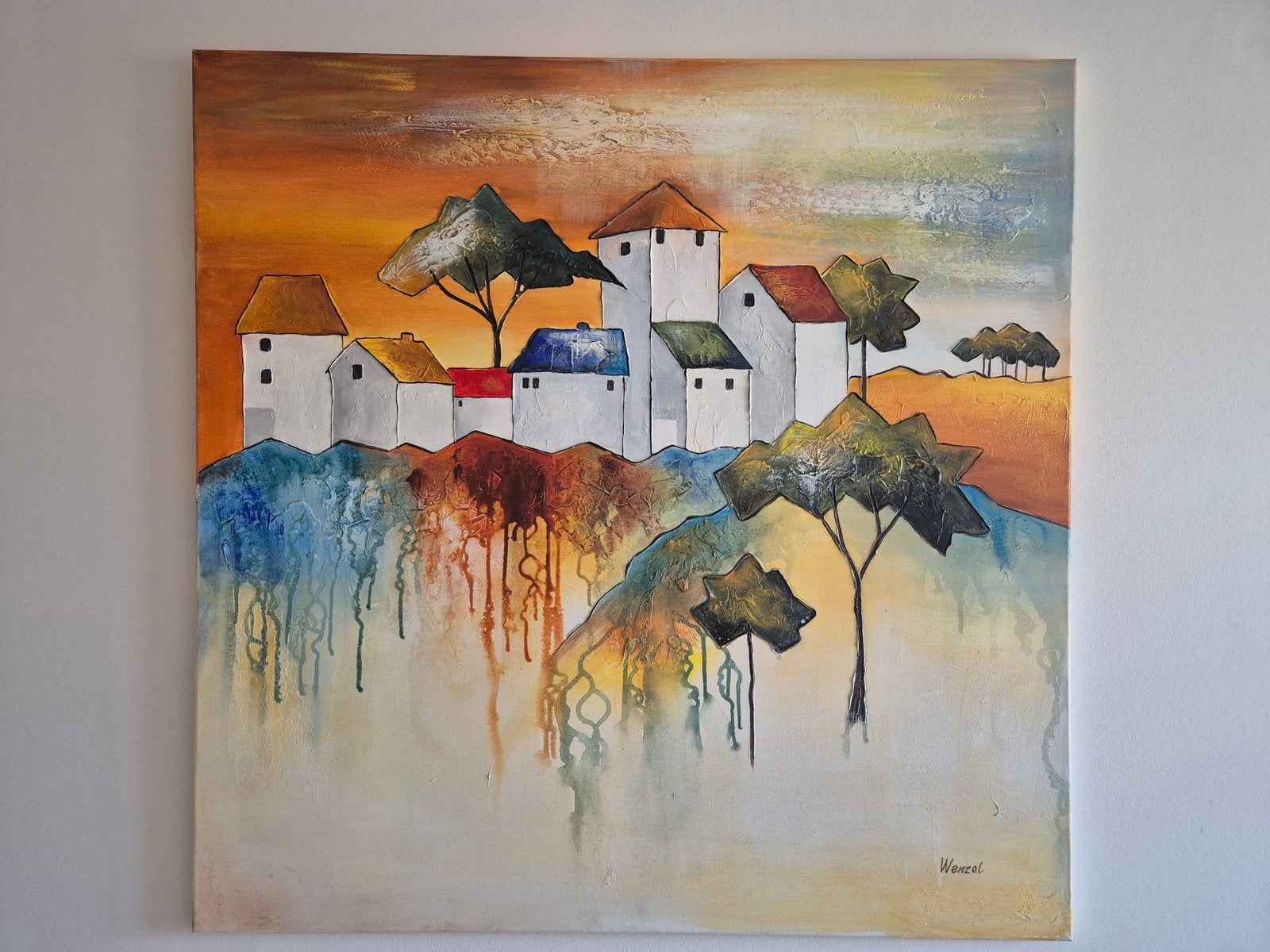 handgeschilderd schilderij 100 X 100 cm gesigneerd Wenzel, Ophalen, Zo goed als nieuw, Schilderij