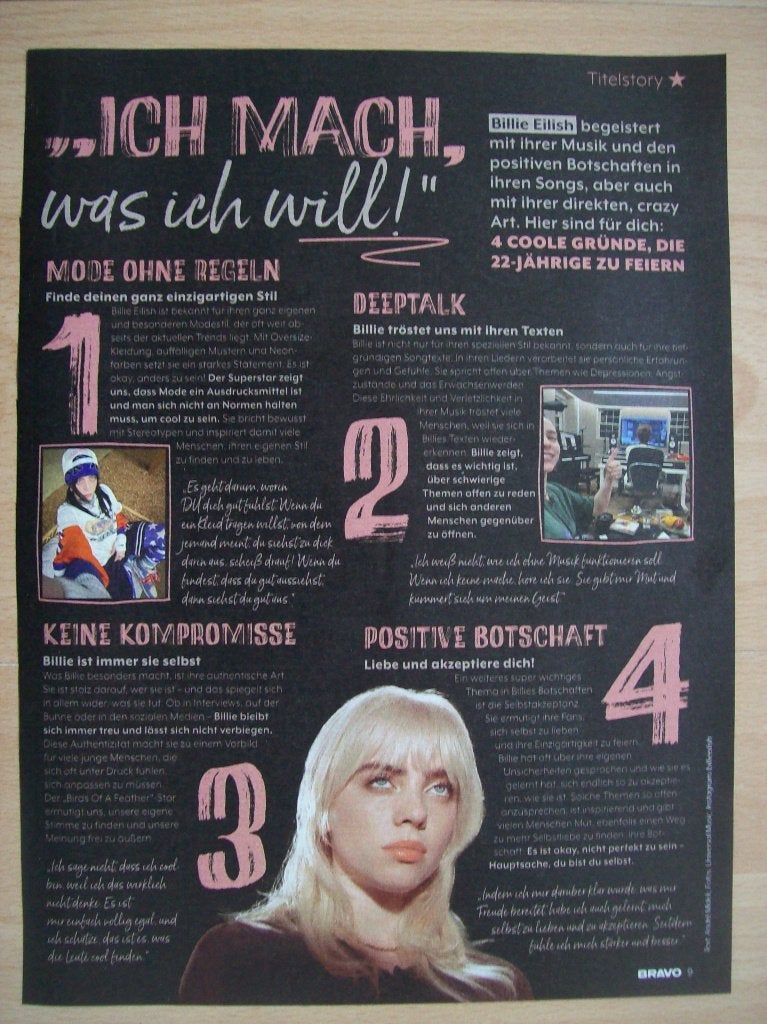 Artikel over Billie Eilish uit Duits tijdschrift Bravo - A4, Verzamelen, Ophalen of Verzenden, Nieuw, Boek, Tijdschrift of Artikel