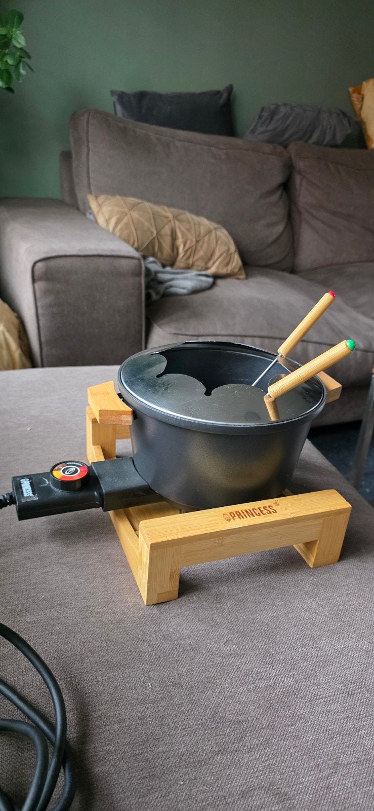 Princess Elektrische Fonduepan met Bamboe Onderstel, Witgoed en Apparatuur, Ophalen of Verzenden, Zo goed als nieuw, Elektrisch