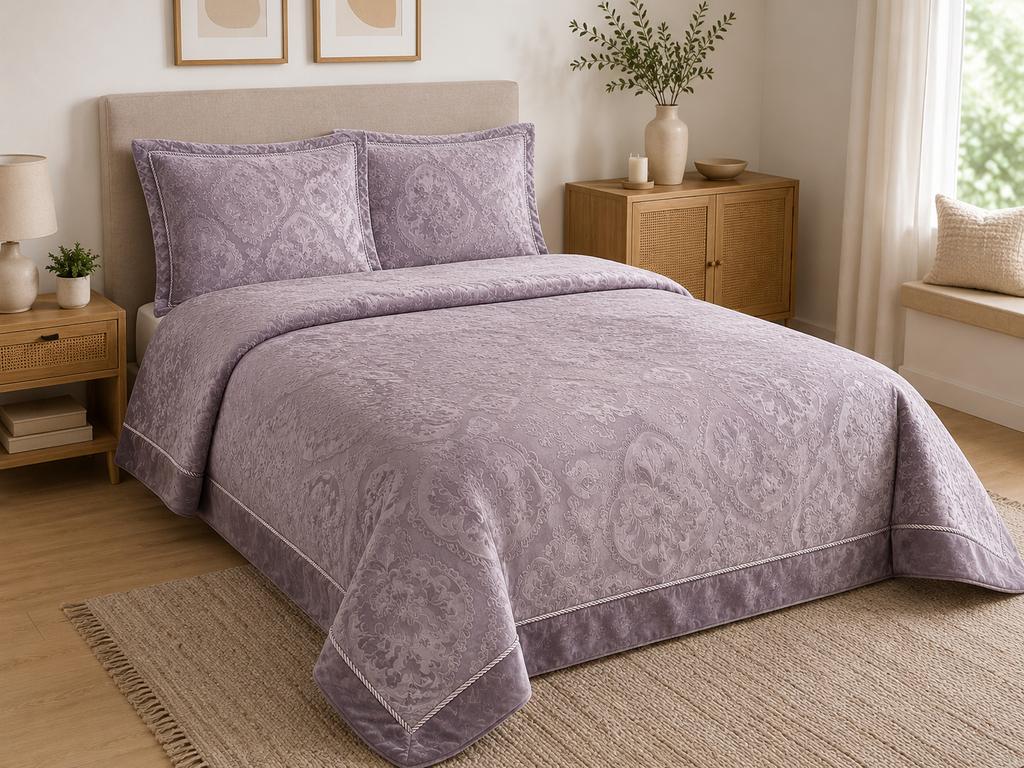 Luxe Bedsprei Set - Paars Fluweel - 260x270 cm, Huis en Inrichting, Ophalen of Verzenden, Zo goed als nieuw
