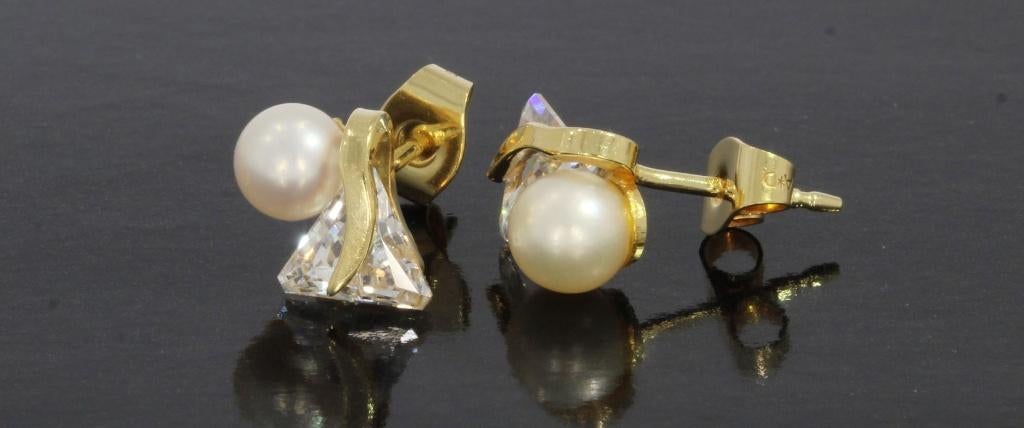 Parel design set 14k gouden oorbellen triangel zirkonia, Sieraden, Tassen en Uiterlijk, Oorbellen, Voordeelsieraden, Verzenden
