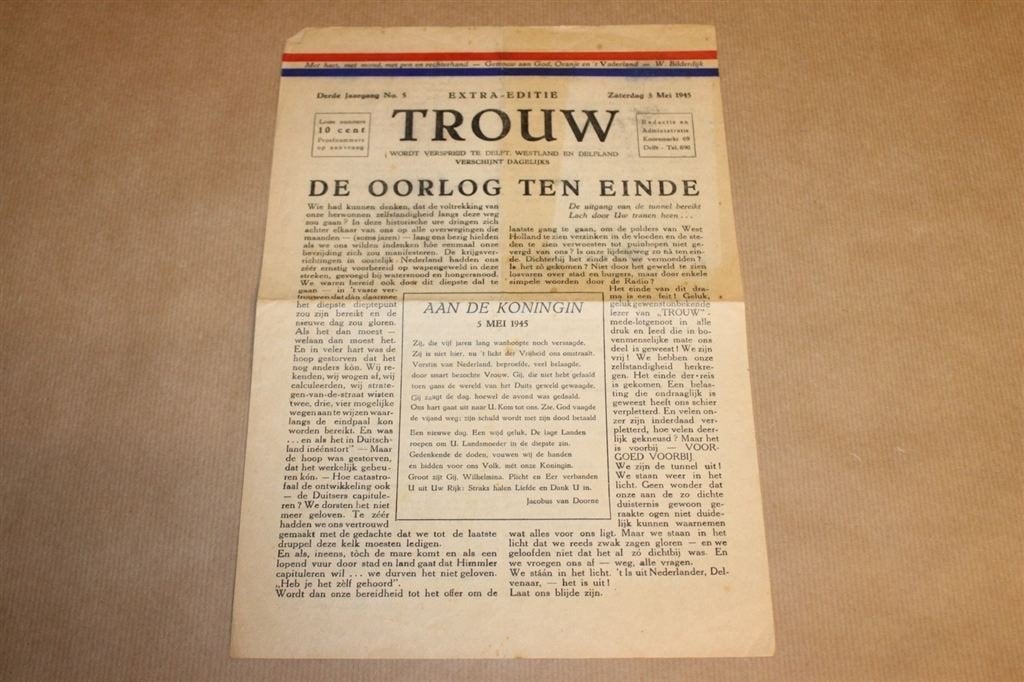 Trouw - Extra editie bevrijding - 5 mei 1945 !!, Ophalen of Verzenden, Gelezen, Krant