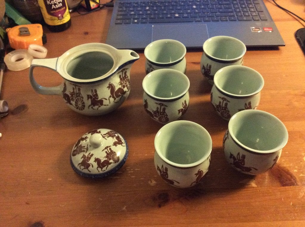 Chinese Theeset 8 delig. Dubbelwandige kopjes. zgan, Ophalen of Verzenden, Zo goed als nieuw, Overige stijlen, Kop(pen) en/of Schotel(s)