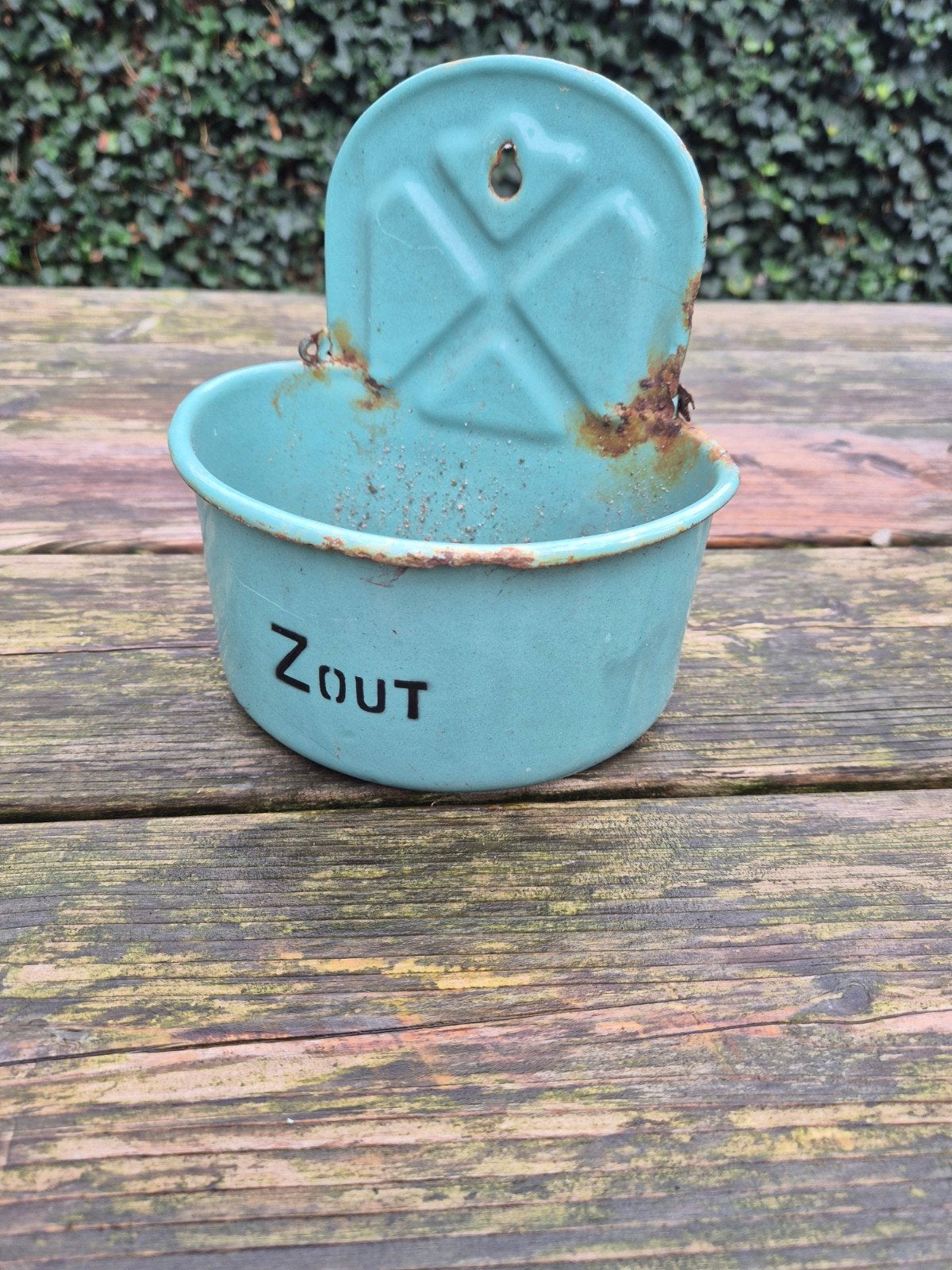 Vintage geëmailleerde zoutpot - turquoise, Verzenden