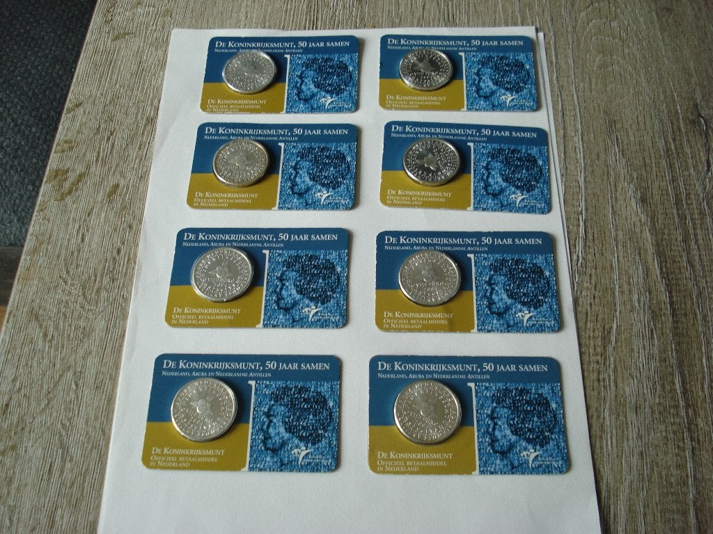 8 X KONINKRIJKSMUNT 50 JAAR SAMEN IN COINCARD, Zilver, Overige landen, 5 euro, Verzenden