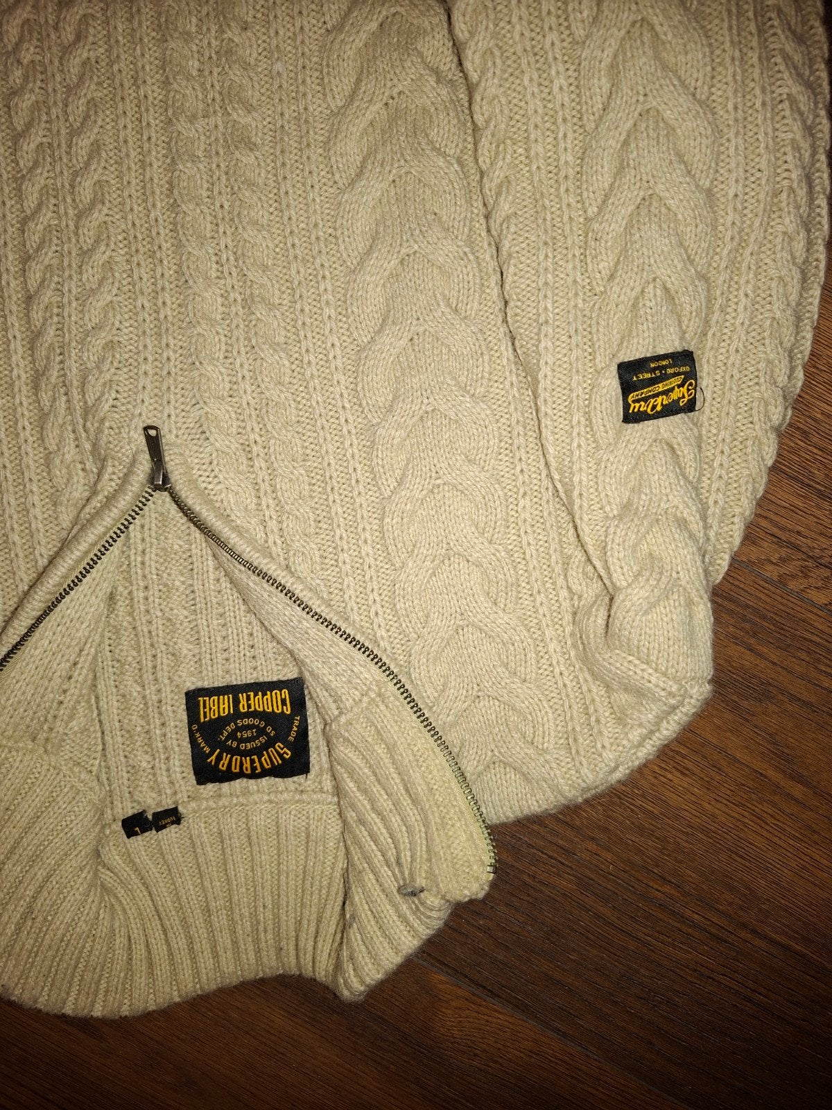 Superdry Copper Label kabelgebreide trui met rits, maat L, Maat 52/54 (L), Beige, Ophalen of Verzenden, Zo goed als nieuw