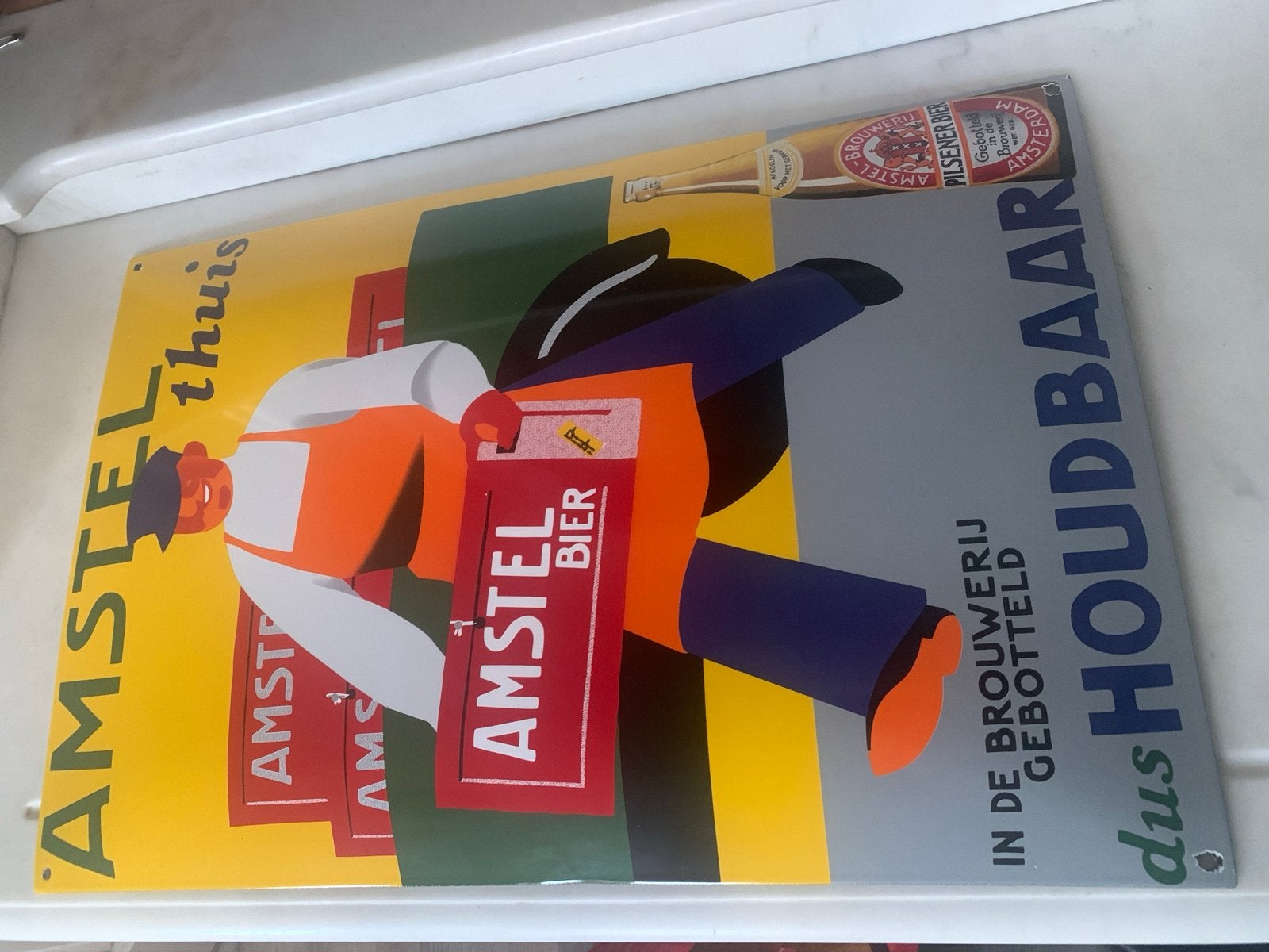 Vintage Amstel Bier Emaille Reclamebord - 59x40 cm, Antiek en Kunst, Ophalen of Verzenden