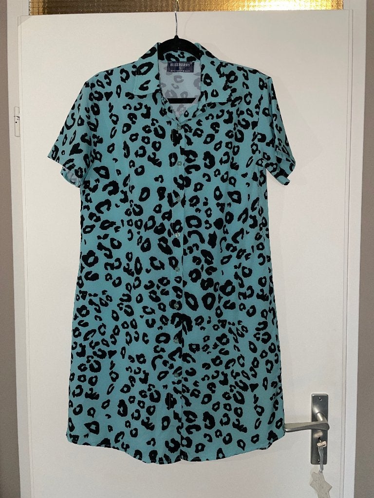Blueberry turquoise panter print jurk dress tuniek mt L, Made in Italy, Blauw, Maat 42/44 (L), Ophalen of Verzenden