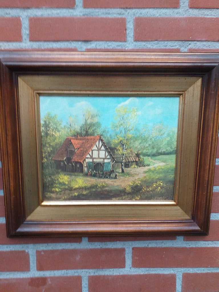 Antieke landschap olieverf schilderij, Antiek en Kunst, Ophalen, Doek, Bijzondere lijst, Landschap
