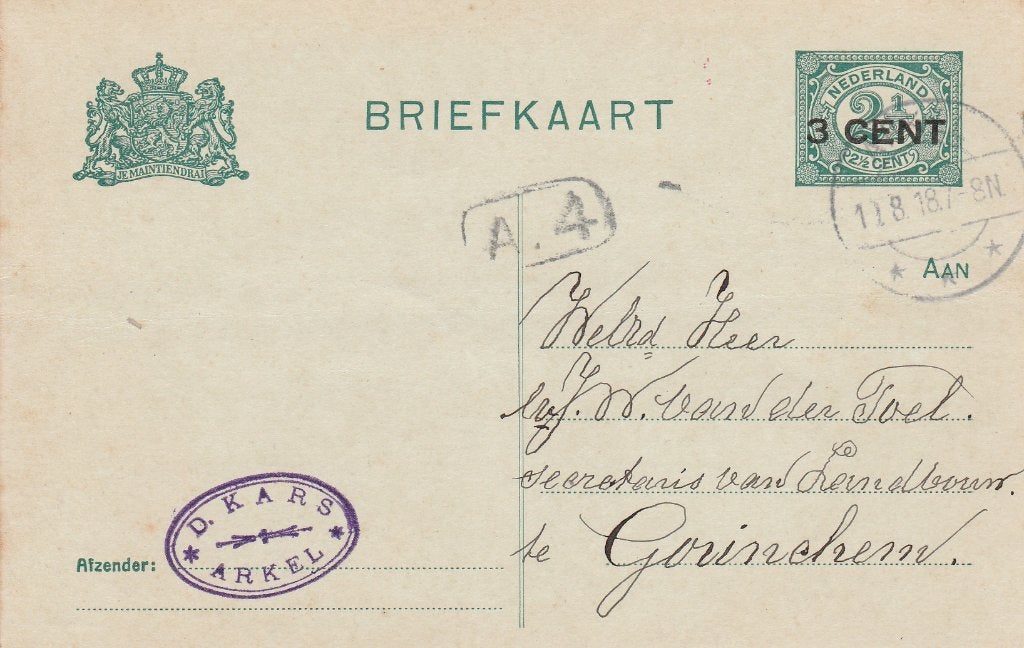 ARKEL 1918 Dr D. KARS bedankt als lid vd HOLL. Maatschappij, Verzamelen, Ophalen of Verzenden, Voor 1920, Gelopen, Zuid-Holland