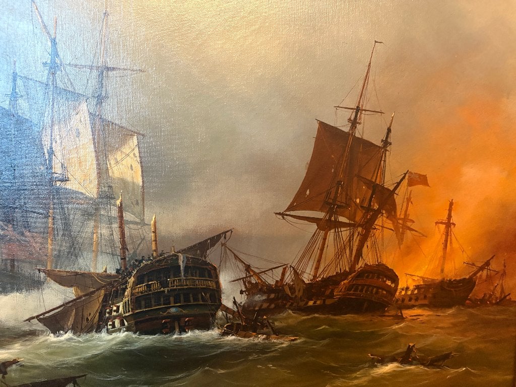 Schilderij zeeslag: Slag bij Ushant (1781) van A. Lourens, Ophalen, Maritiem / water, Doek, Olieverf