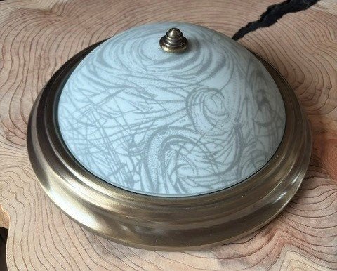 Mooie plafonnière van glas met bronzen rand, Ophalen, Gebruikt, Overige stijlen, E27 (groot)