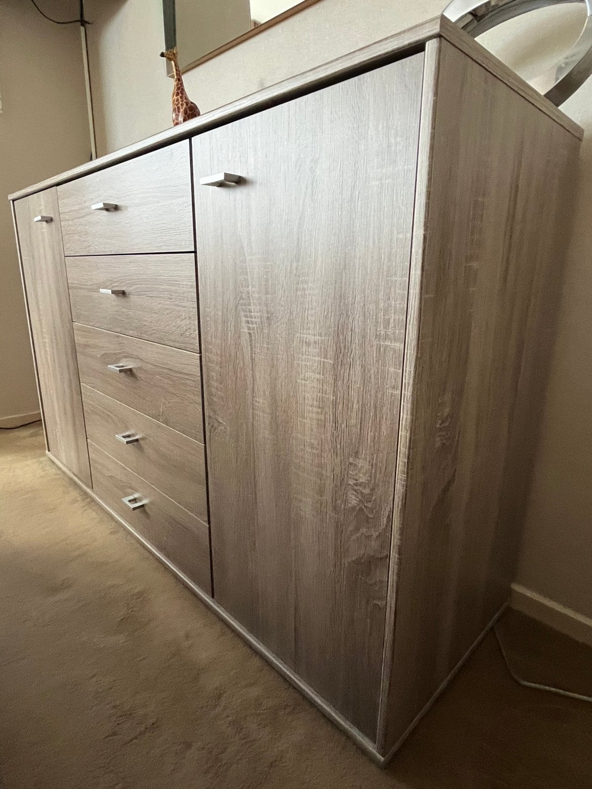 Commode / dressoir Tokio, kleur truffeleik, grijs bruin eik, Ophalen, 100 tot 150 cm, Met lade(s), Zo goed als nieuw