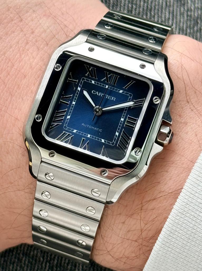 Cartier Santos de Cartier Medium WSSA0063 Blauw, Ophalen of Verzenden, Zo goed als nieuw, Staal, Overige merken