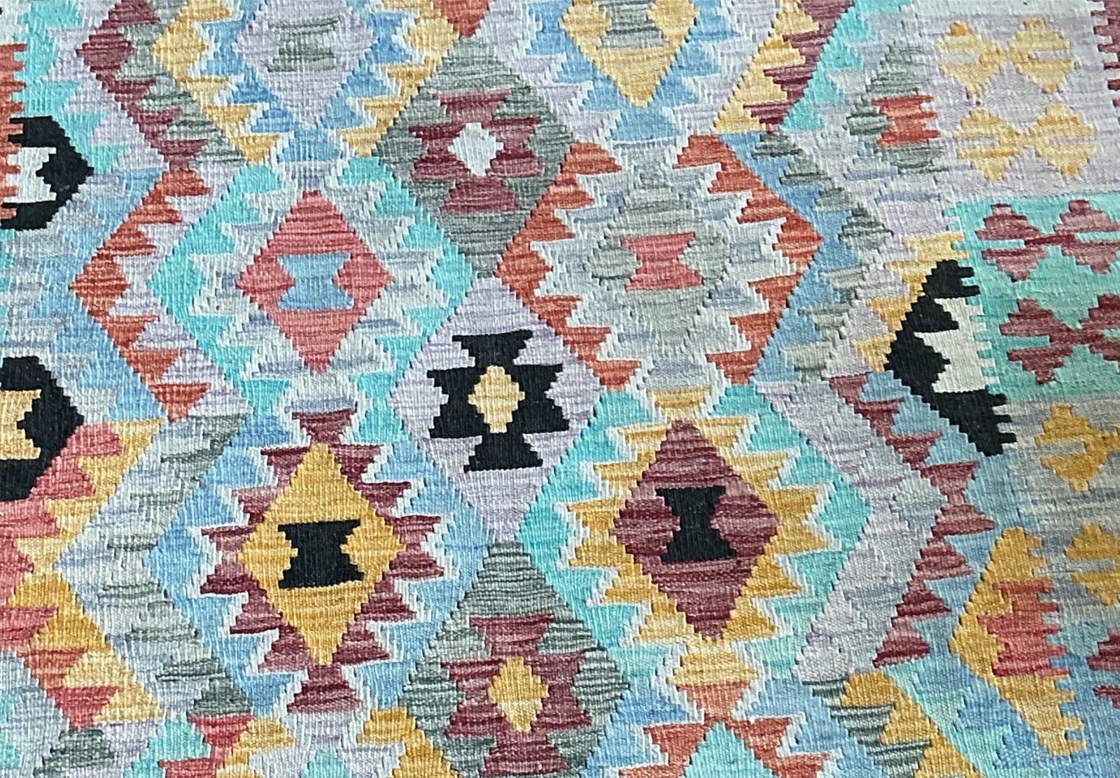 Kelim vloerkleed - Handgeweven, kleurrijk en uniek, 100 tot 150 cm, Blauw, Ophalen of Verzenden, Zo goed als nieuw