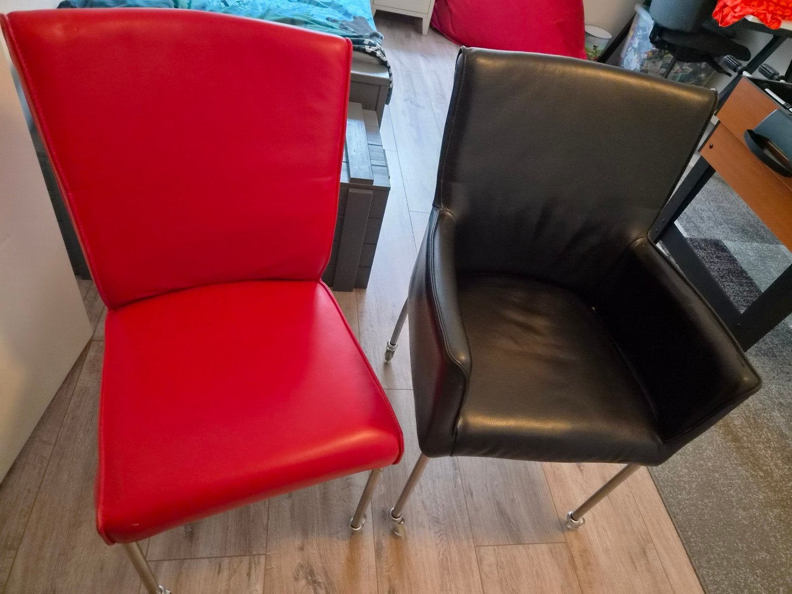 6 zwarte/ rode eetkamer stoelen echt leer, Ophalen, Gebruikt, Overige kleuren, Leer