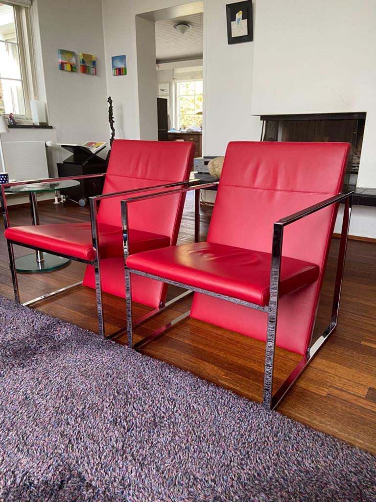 Twee ARCO stoelen - rood leer en chroom, Huis en Inrichting, Stoelen, Ophalen, Gebruikt, Twee, Leer