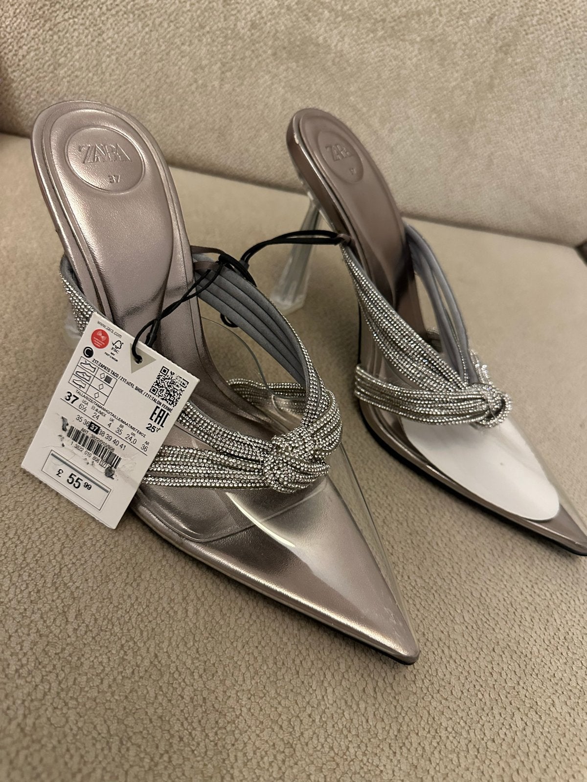 Zara muiltjes met strass en transparante hak, maat 37, Ophalen of Verzenden, Nieuw, Grijs, Sandalen of Muiltjes